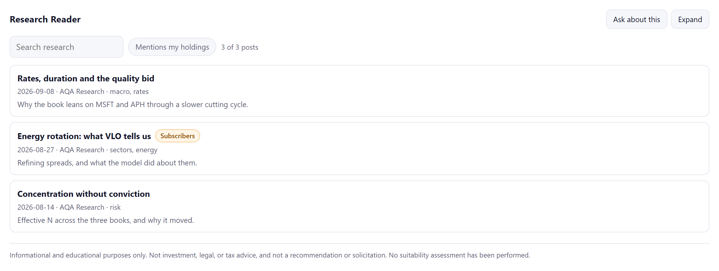 Research Reader panel — Our research, filtered to what you own.